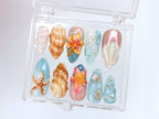 Tropical Beach 3D Press On Nails | Ocean-Inspired Designs with Flowers. Seashells. and Starfish | Handmade Press On Nails | OB421SL