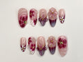 Elegant Floral Press-On Nails | Handcrafted Pink - Burgundy Gradient | 3D Flowers - Rhinestone Accents| Perfect for Special Occasions|OC349SL