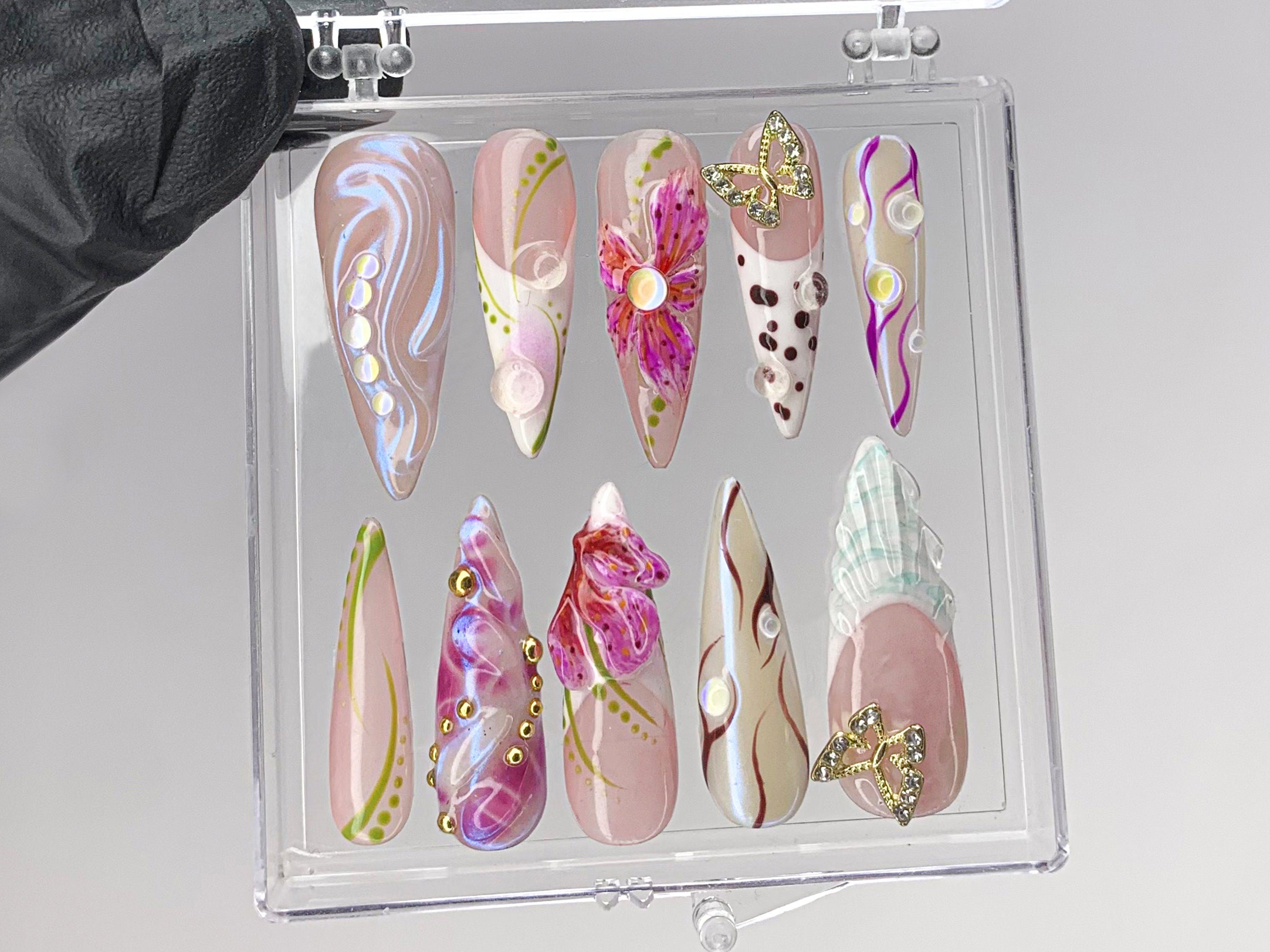 Luxurious butterfly Press On Nails | Stunning 3D Floral On Fake Nails | French Tips Nail Art | Nail Charms. gyaru nails | press ons| OB429TK