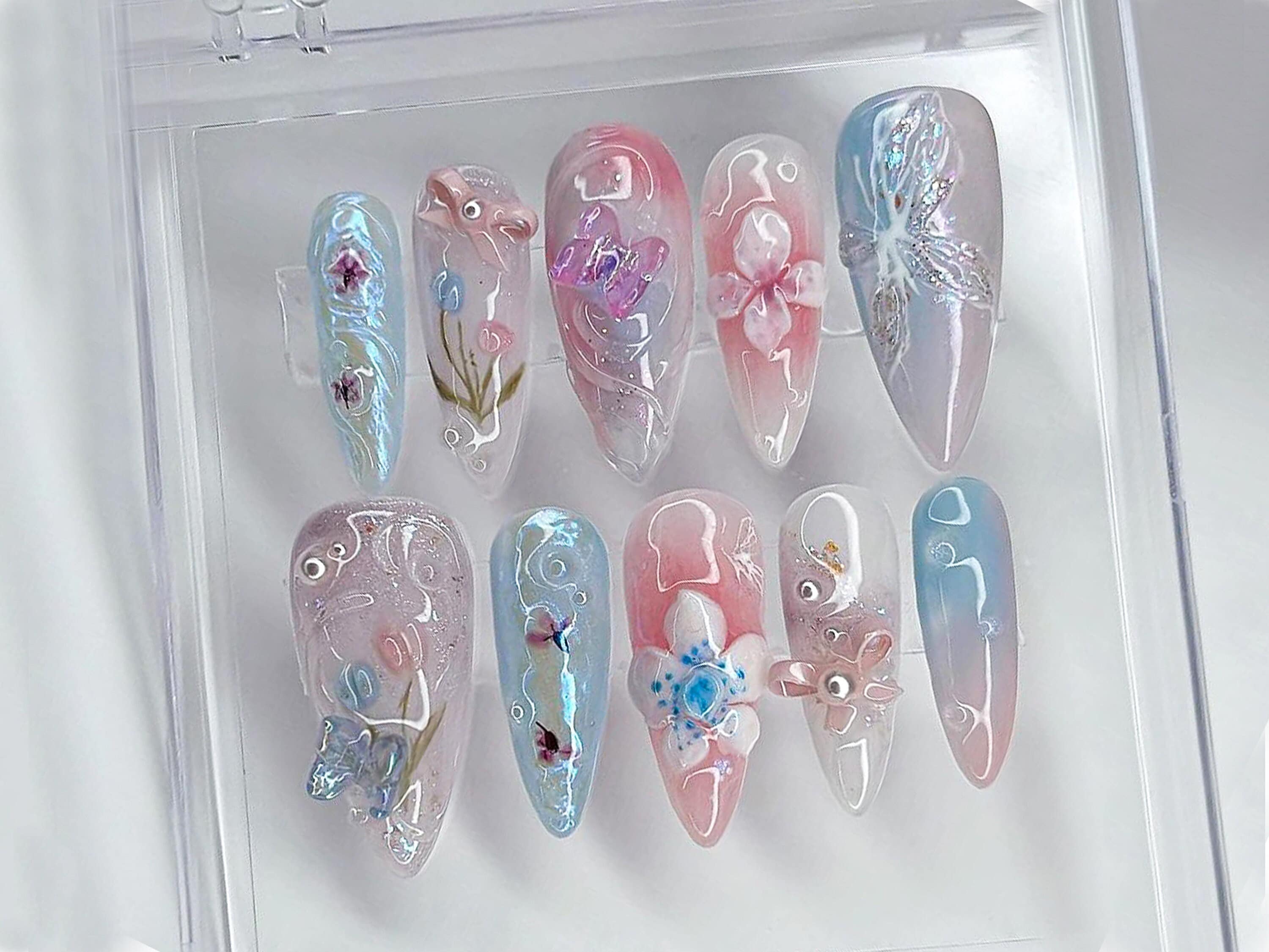 Enchanted Garden Press-On Nails | Floral and Butterfly 3D Nail Art | Handcrafted Fake Nails | Nail Charms | Press Ons | Gift for her| OB462T