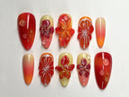 Summer Blossom Press On Nails | Tropical Sunset 3D Gel Floral Ombre Nail Art | Custom Handmade Floral Nails | Dreamy Almond Nails | OC403A