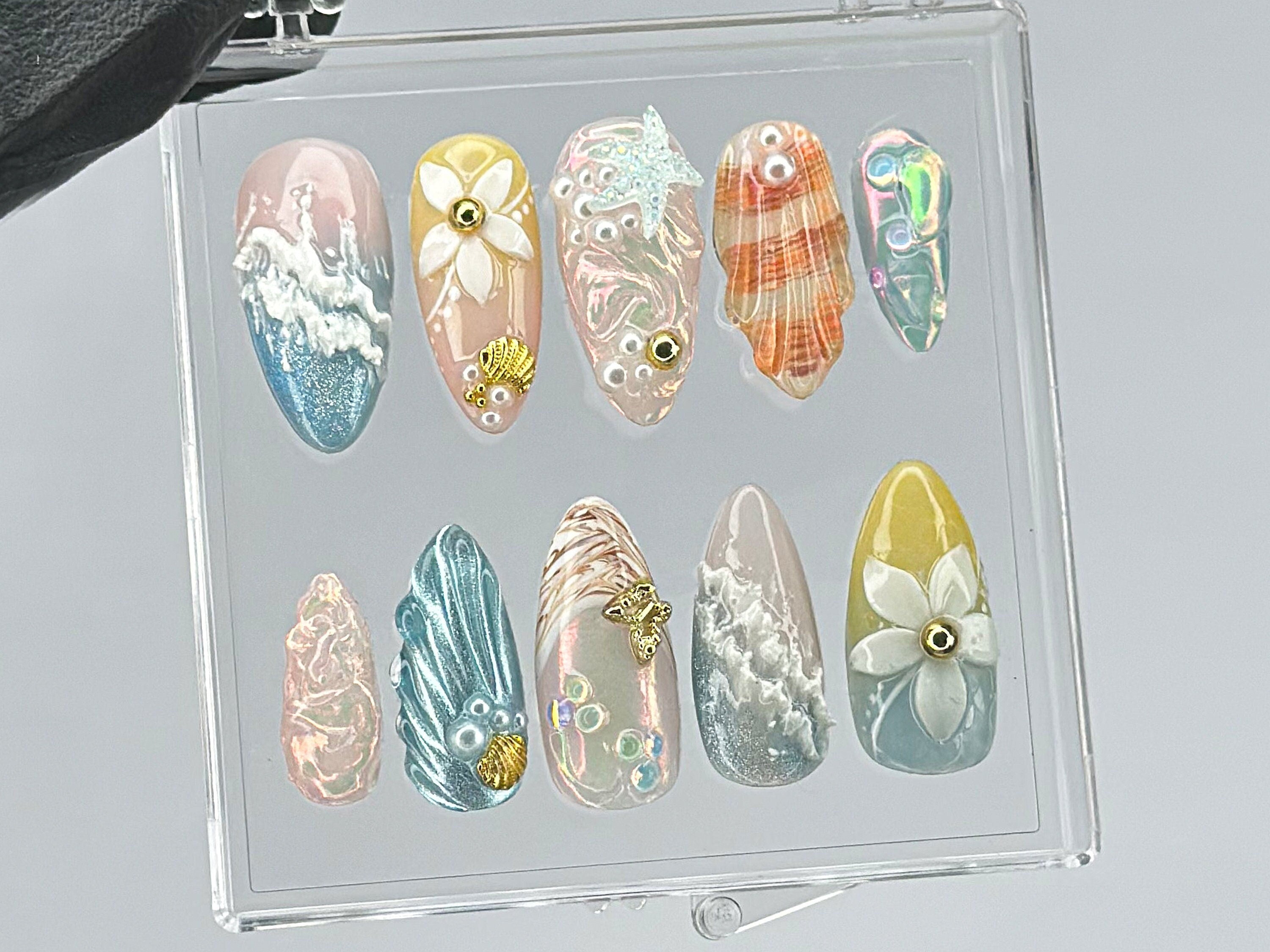 Ocean Dream Press On Nails | Aquatic Elegance Nail Art | Unique Press Ons with Pearl | summer press on nails |ocean press on nails | OB445TK