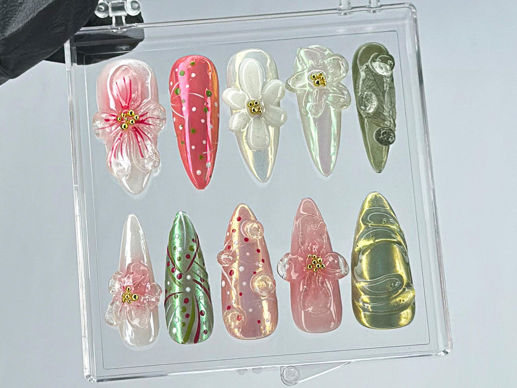 Garden Blossom Press On Nails | Unique Acrylic Press On Nails | Fake Nails | Nature Inspired Nail Art | Summer nails | press ons | OB447TL