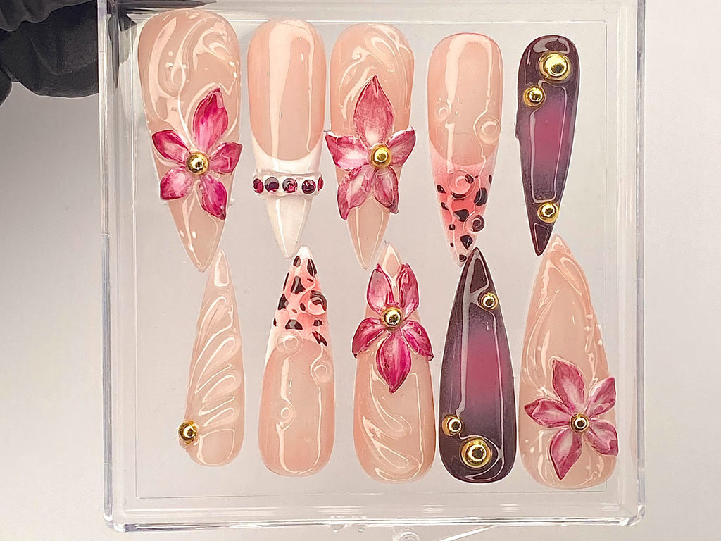 Luxury Pink Blossom Floral Press On Nails | OC22L