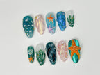 3D Tropical Beach Press On Nails | Ocean-Themed with Seaweed. Seashells. and Starfish | Handmade Press On Nails | OB316SL