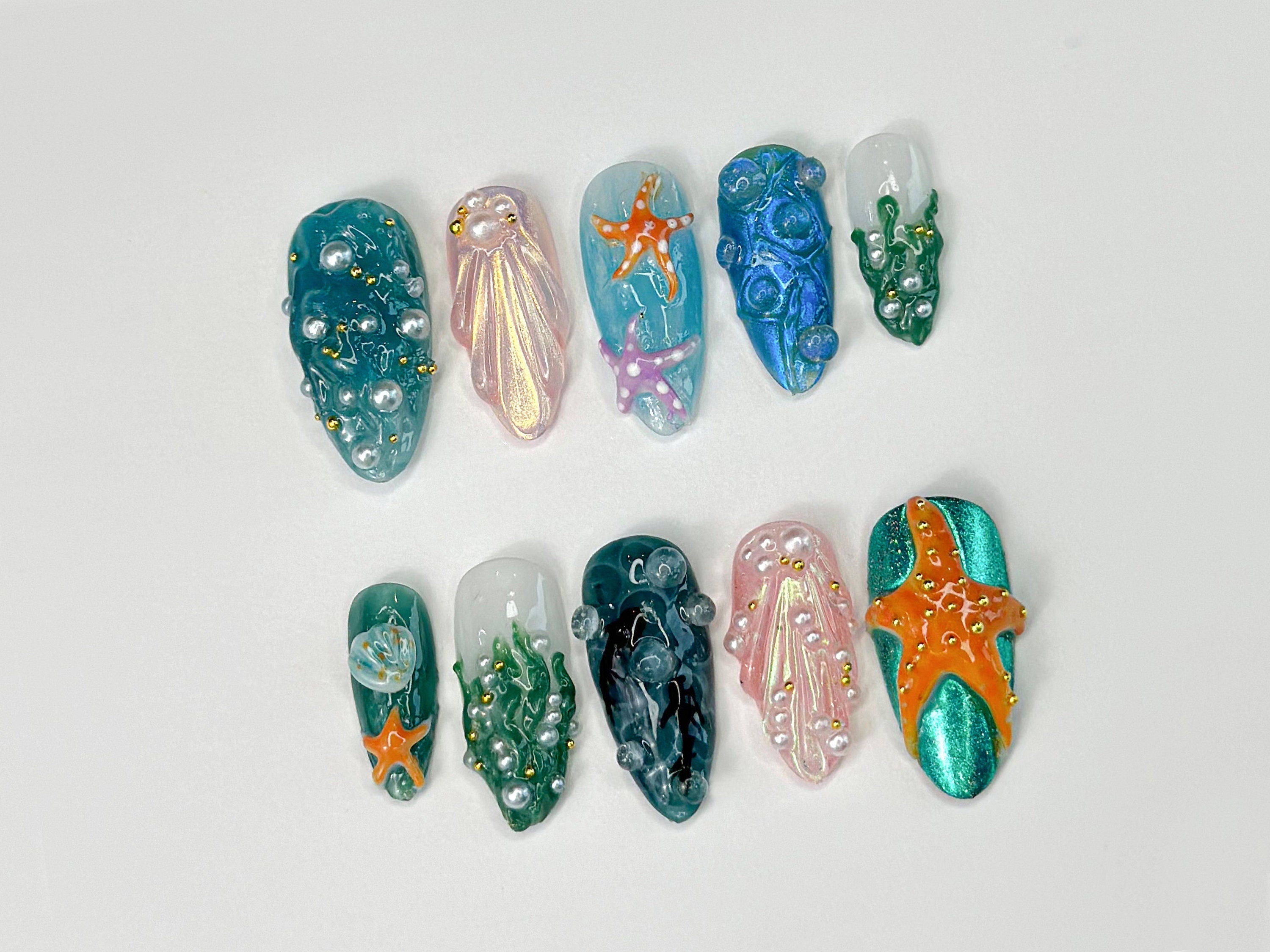 3D Tropical Beach Press On Nails | Ocean-Themed with Seaweed. Seashells. and Starfish | Handmade Press On Nails | OB316SL