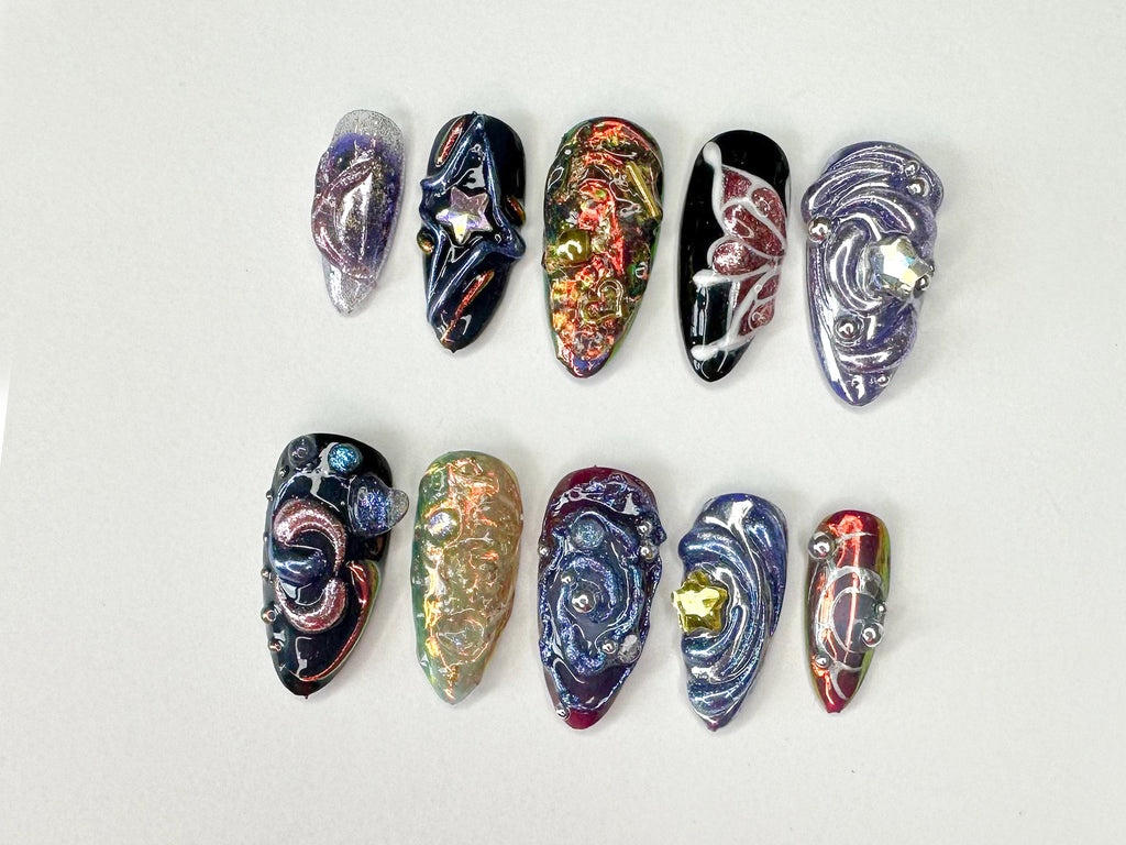 Galactic 3D Press On Nails | Handcrafted Press On Nails with Cosmic and Star Designs | Perfect for a Bold Look | 3D Gel x Nails | OB331SC