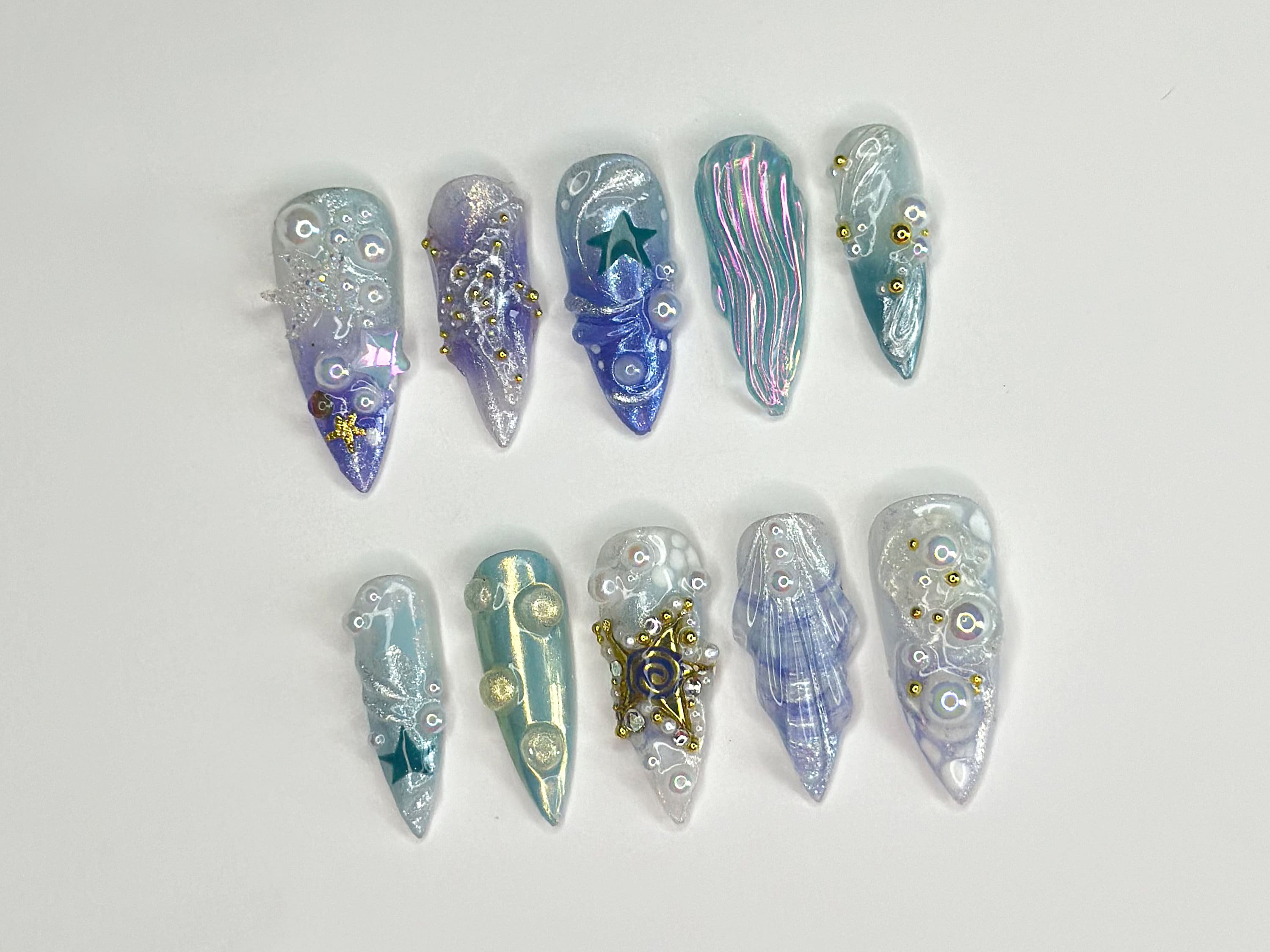 3D Tropical Beach Press On Nails | Ocean-Themed with Seaweed. Seashells. and Starfish | Handmade Press On Nails | OC328SL