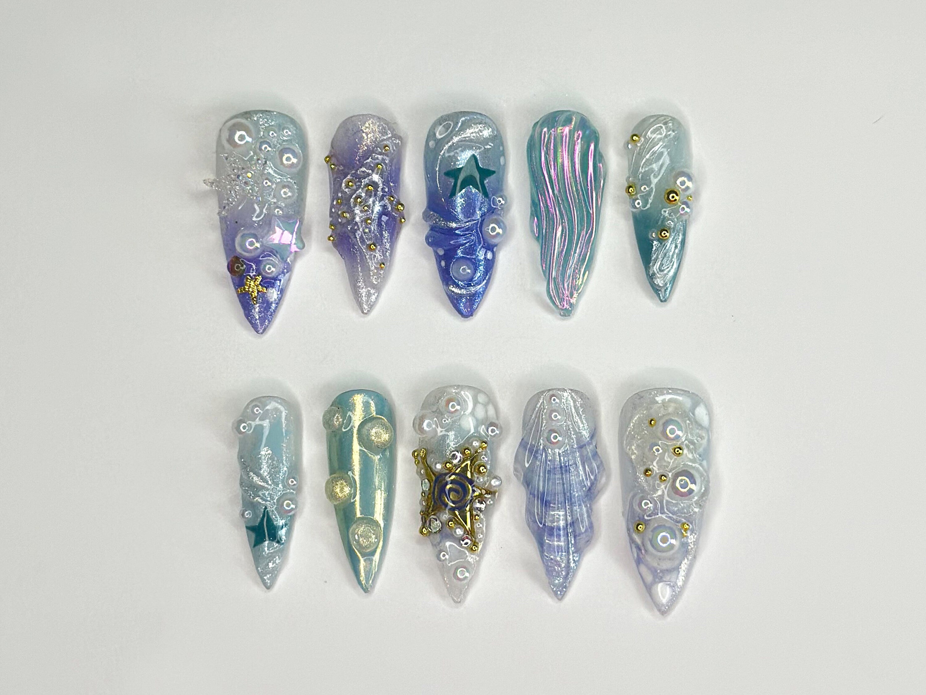 3D Tropical Beach Press On Nails | Ocean-Themed with Seaweed. Seashells. and Starfish | Handmade Press On Nails | OC328SL