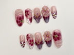 Elegant Floral Press-On Nails | Handcrafted Pink - Burgundy Gradient | 3D Flowers - Rhinestone Accents| Perfect for Special Occasions|OC349SL