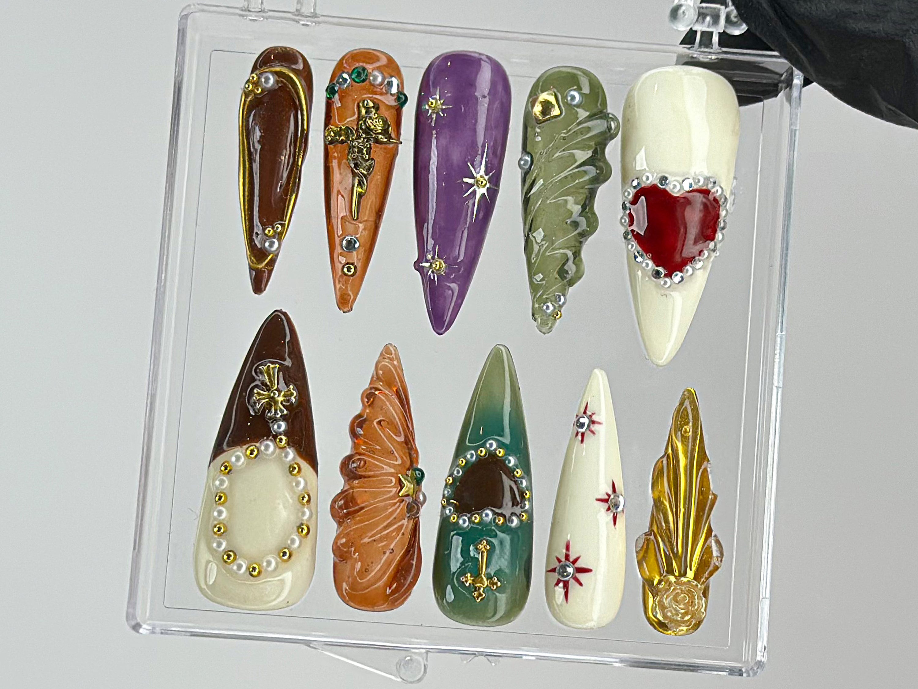 Royal-Inspired Press On Nails | Luxury Jeweled Nail charms | Luxurious Christmas and Holiday Nail Art | Long Stiletto Nail Set | OB456TH