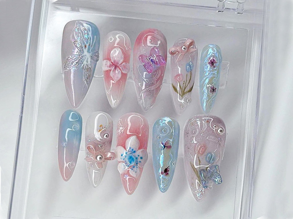 Enchanted Garden Press-On Nails | Floral and Butterfly 3D Nail Art | Handcrafted Fake Nails | Nail Charms | Press Ons | Gift for her| OB462T