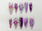 Fairy Tale Flower Long Almond Press On Nails | 3D Orchad Floral Fairycore Press-Ons | Hand-painted Purple Acrylic Fall Dreamy Nails | OB394AL