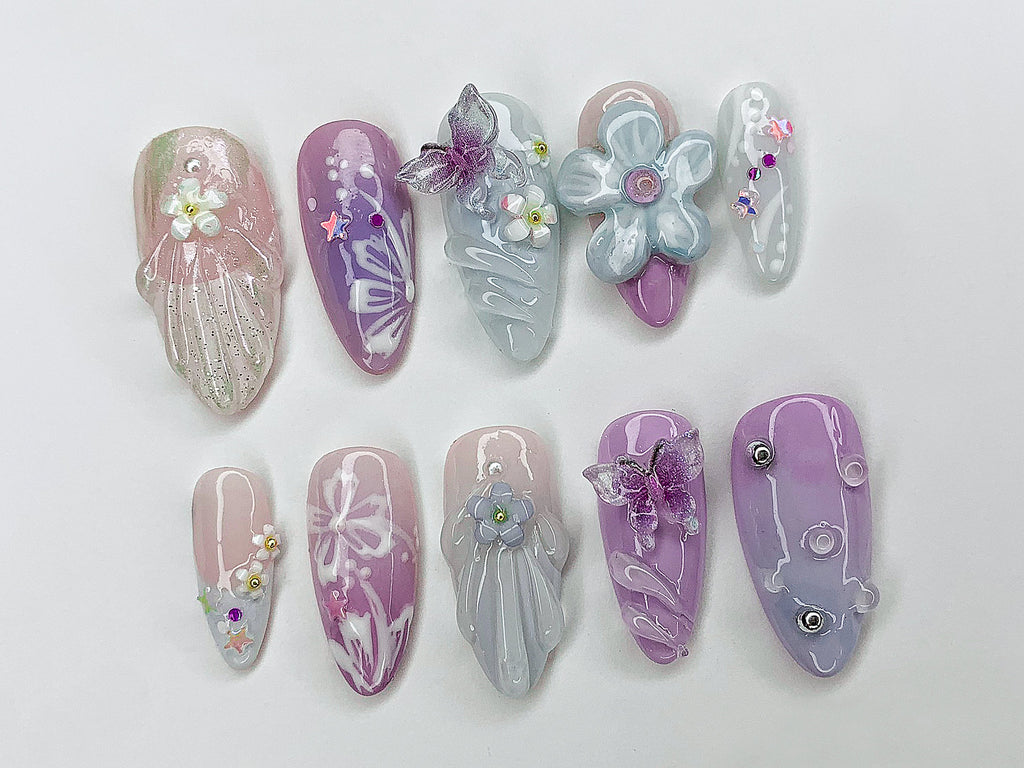Dreamy Colorful Press On Nails | Summer Vibes with 3D Flower. Butterfly. Mermaid Designs | Cute/Adorable Blue and Pink Nail Art | OC353A