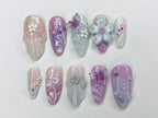 Dreamy Colorful Press On Nails | Summer Vibes with 3D Flower. Butterfly. Mermaid Designs | Cute/Adorable Blue and Pink Nail Art | OC353A