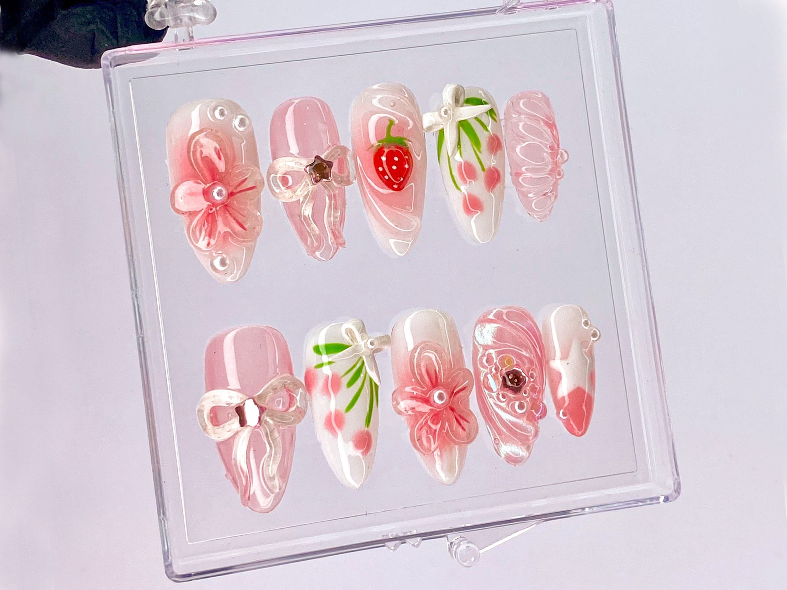 Sweet Strawberry Charm Press On Nail | Pink Bows and Flowers Nail | Floral Strawberry | Delicate Pink Floral | Y2K White Star Nail | OB433YL