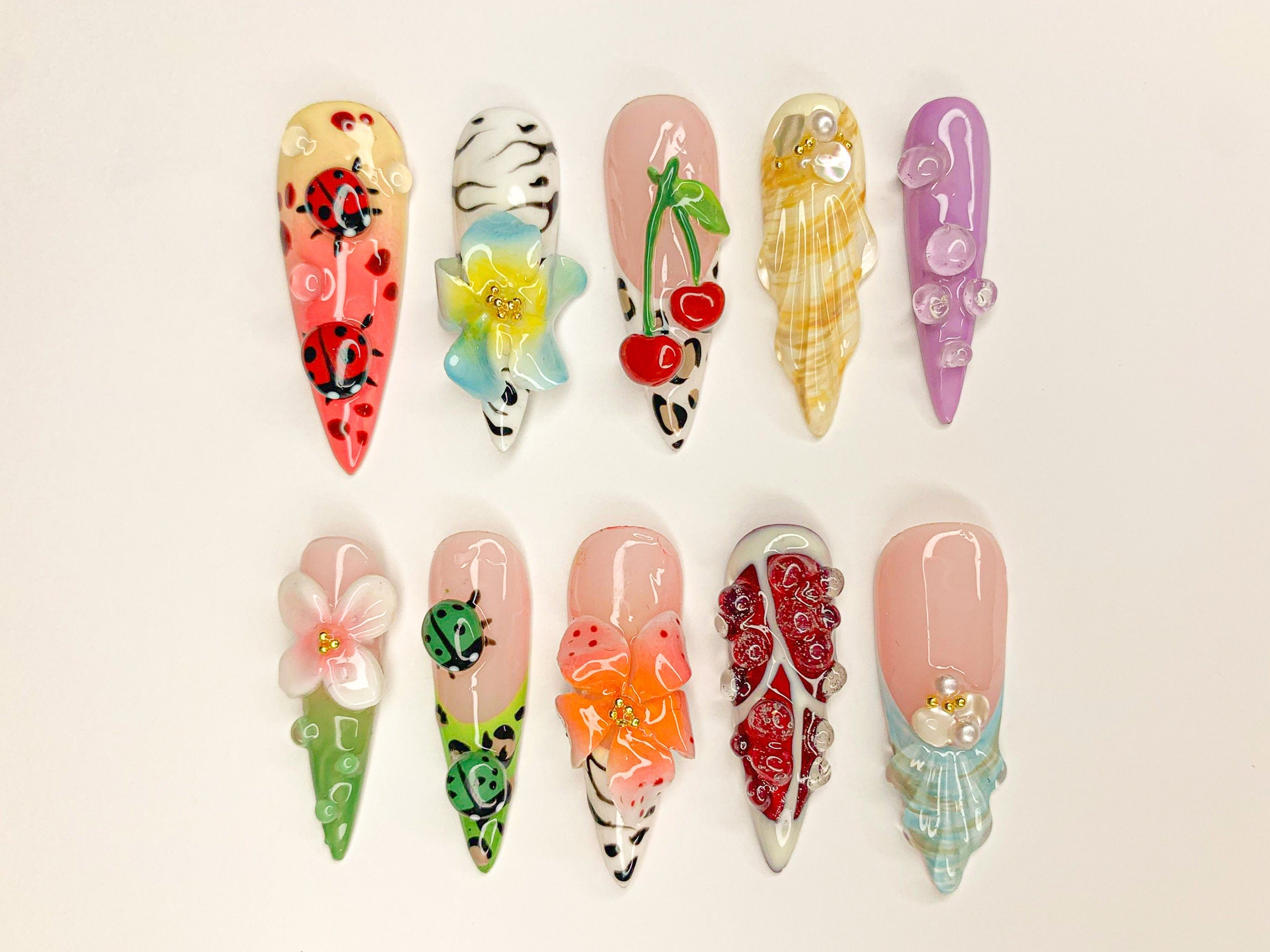 Kawaii 3D Press On Nails | Adorable 3D Nail Art | Cute Ladybug. Cherry. and Flower Designs | Vibrant 3D Kawaii Nails | OB461SL