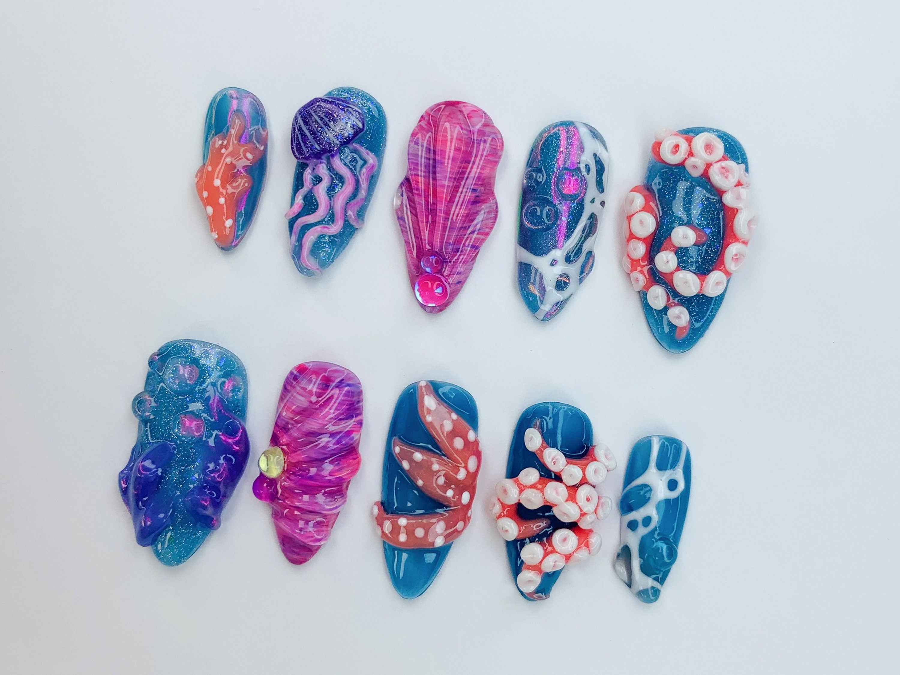 Ocean-Inspired 3D Press On Nails | 3D Jellyfish and Floral Art | Hand-Painted Underwater Press On Nails | Beautiful Ocean-Themed | OB474SL
