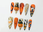 Spooky Halloween Press On Nails | 3D Blood Drip and Pumpkin Press On Set | Creepy Cute Halloween Nails | Scary Holiday Almond Nails | OB479S