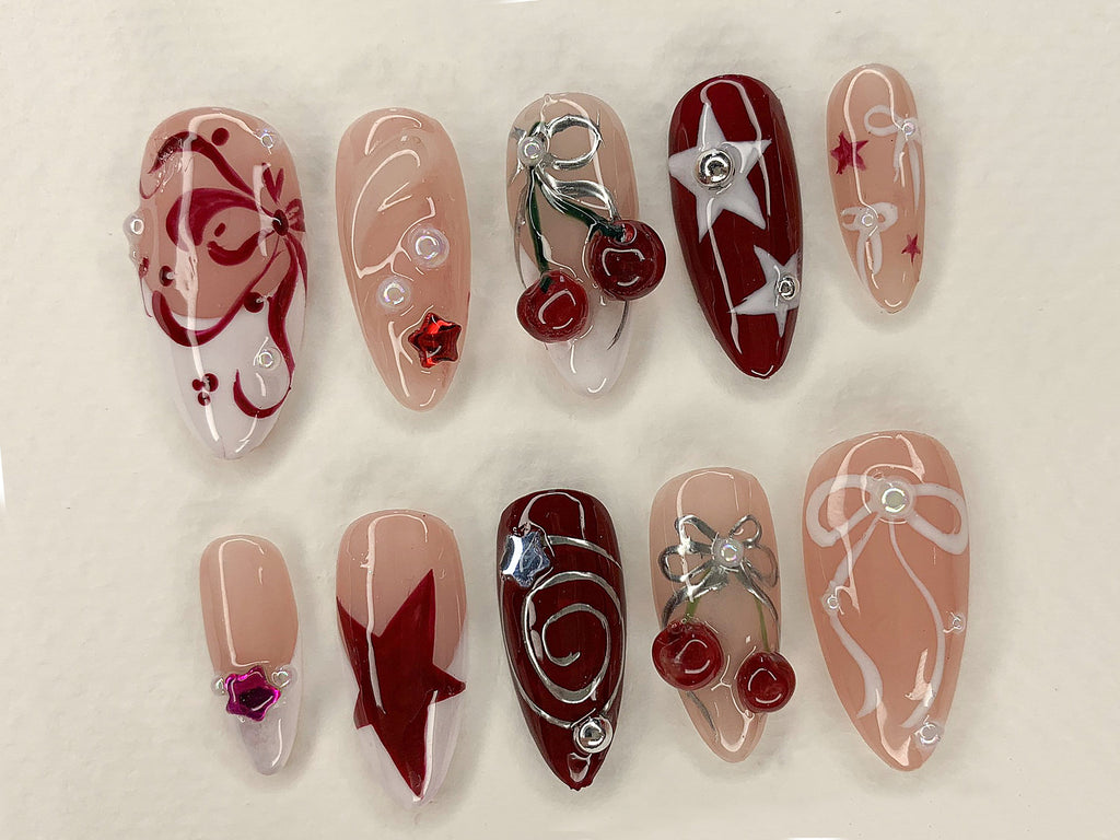 Red Cherry Blossom Nails | Cute Red & White Press On Nails | Y2K Star Style Nail Set | Summer. Holiday Nail Art | Gift | OC456AV