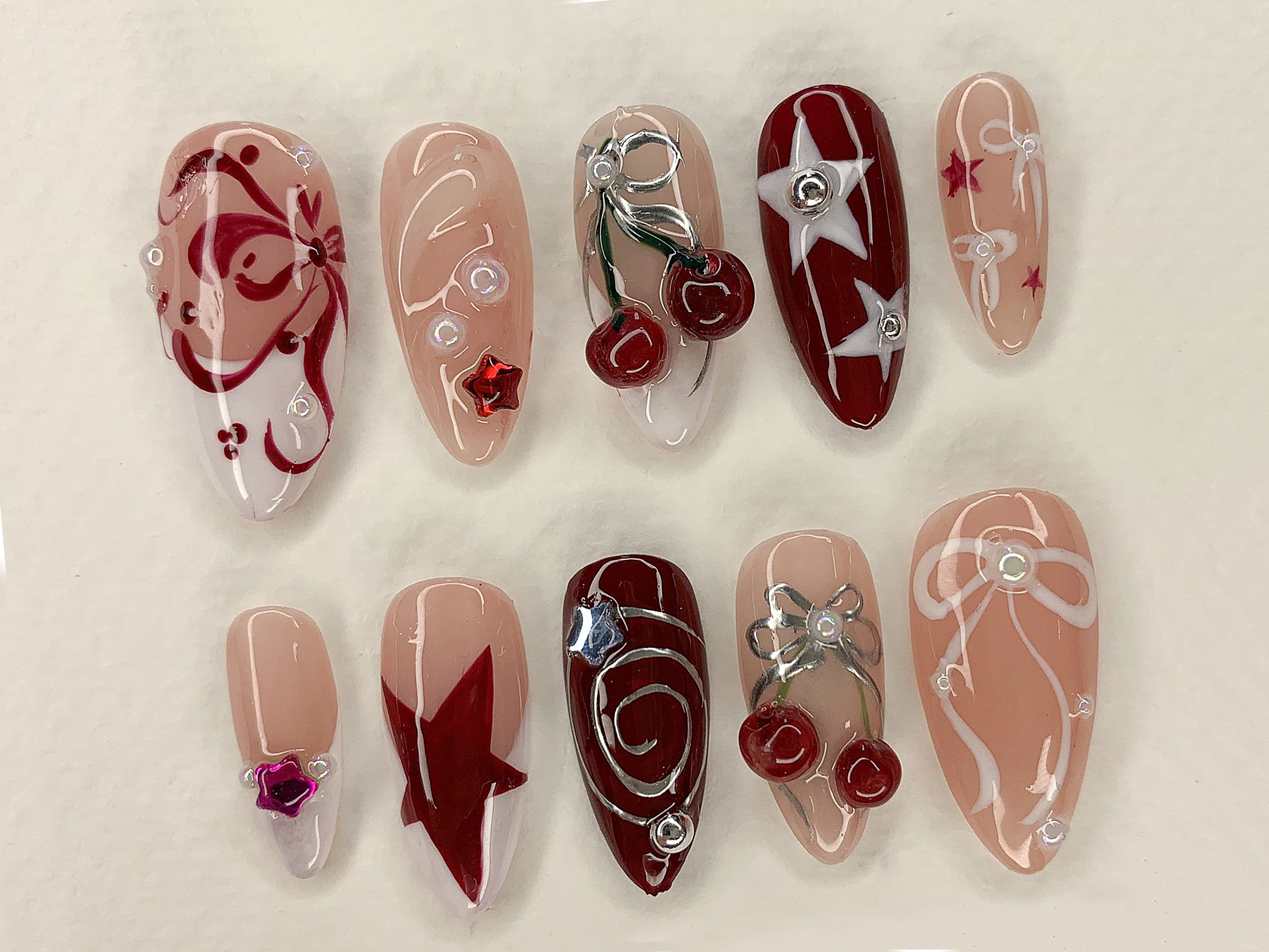 Red Cherry Blossom Nails | Cute Red & White Press On Nails | Y2K Star Style Nail Set | Summer. Holiday Nail Art | Gift | OC456AV