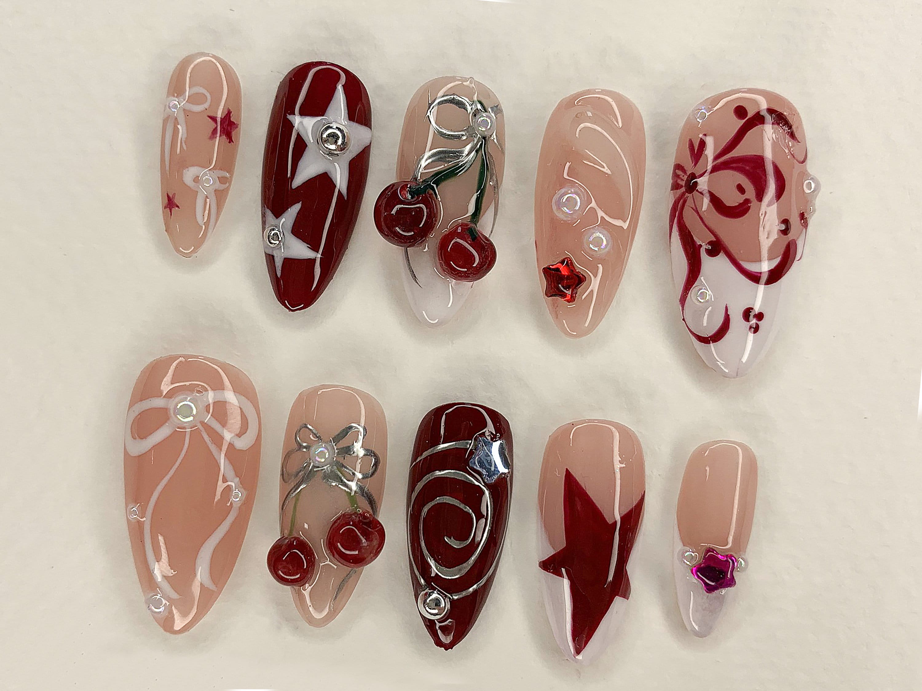 Red Cherry Blossom Nails | Cute Red & White Press On Nails | Y2K Star Style Nail Set | Summer. Holiday Nail Art | Gift | OC456AV