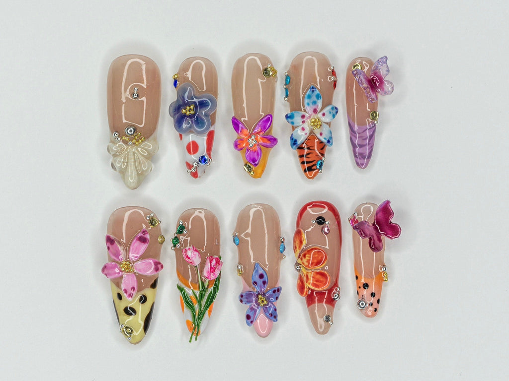 Colorful Flower Garden Press On Nails | Vibrant Bloom Fake Nails | Butterfly & Flower Nail Art | Floral Fantasy Acrylci Nails | OB426Y