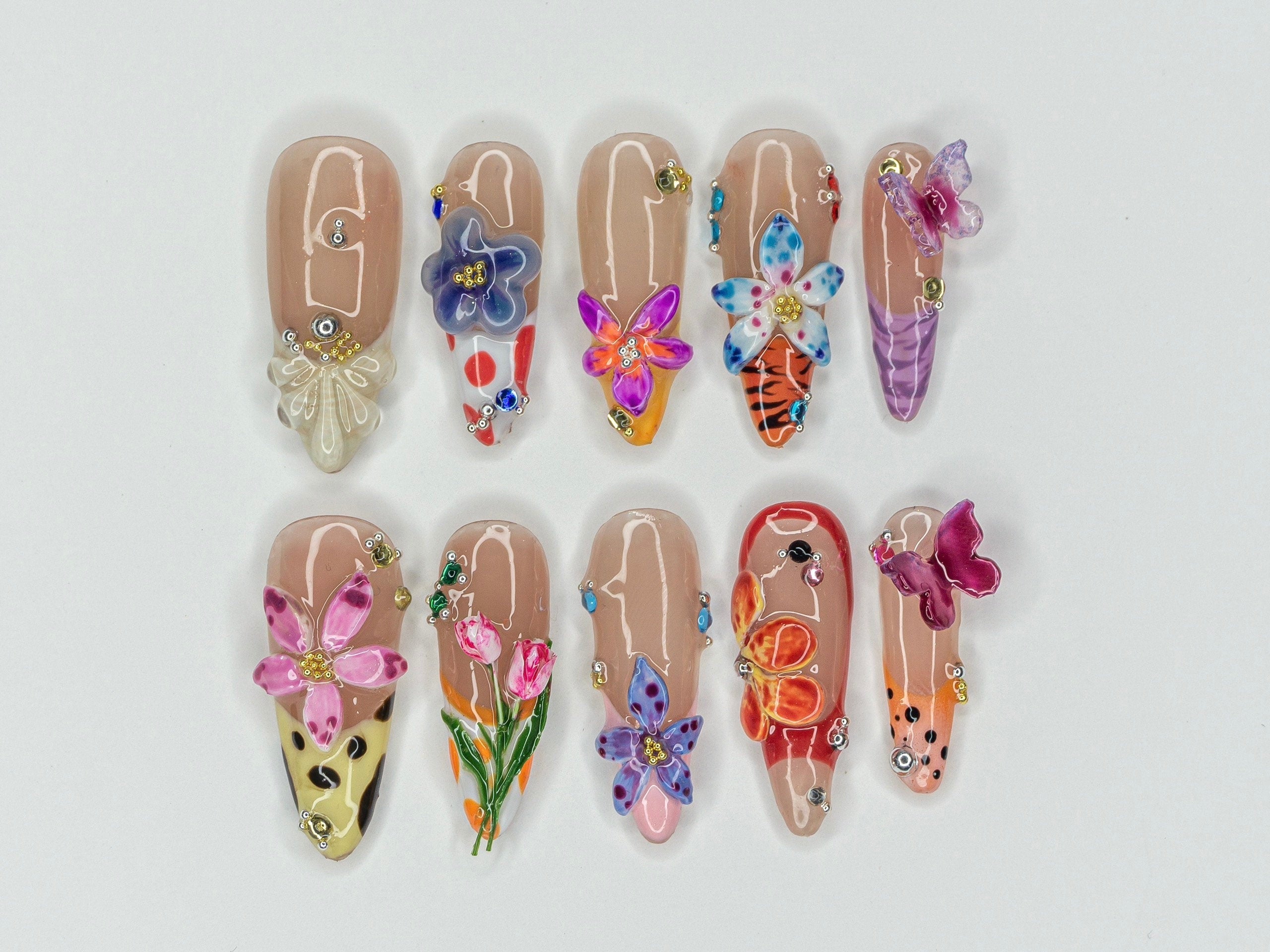 Colorful Flower Garden Press On Nails | Vibrant Bloom Fake Nails | Butterfly & Flower Nail Art | Floral Fantasy Acrylci Nails | OB426Y