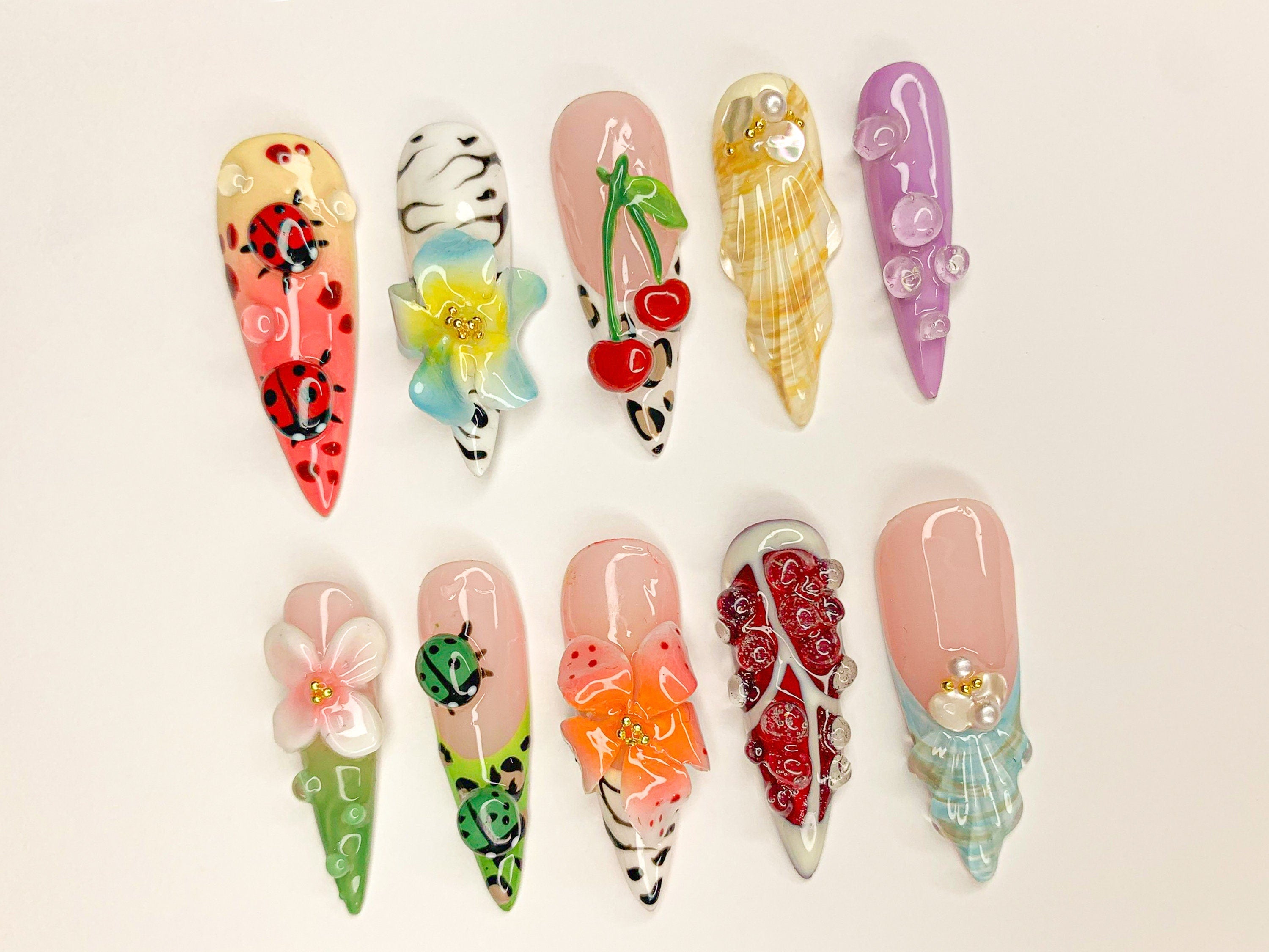 Kawaii 3D Press On Nails | Adorable 3D Nail Art | Cute Ladybug. Cherry. and Flower Designs | Vibrant 3D Kawaii Nails | OB461SL