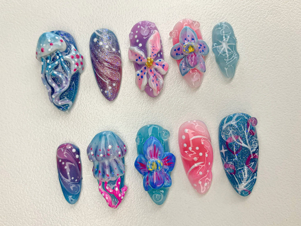 Ocean-Inspired 3D Press On Nails | 3D Jellyfish and Floral Art | Hand-Painted Underwater Press On Nails | Beautiful Ocean-Themed | OB463SL