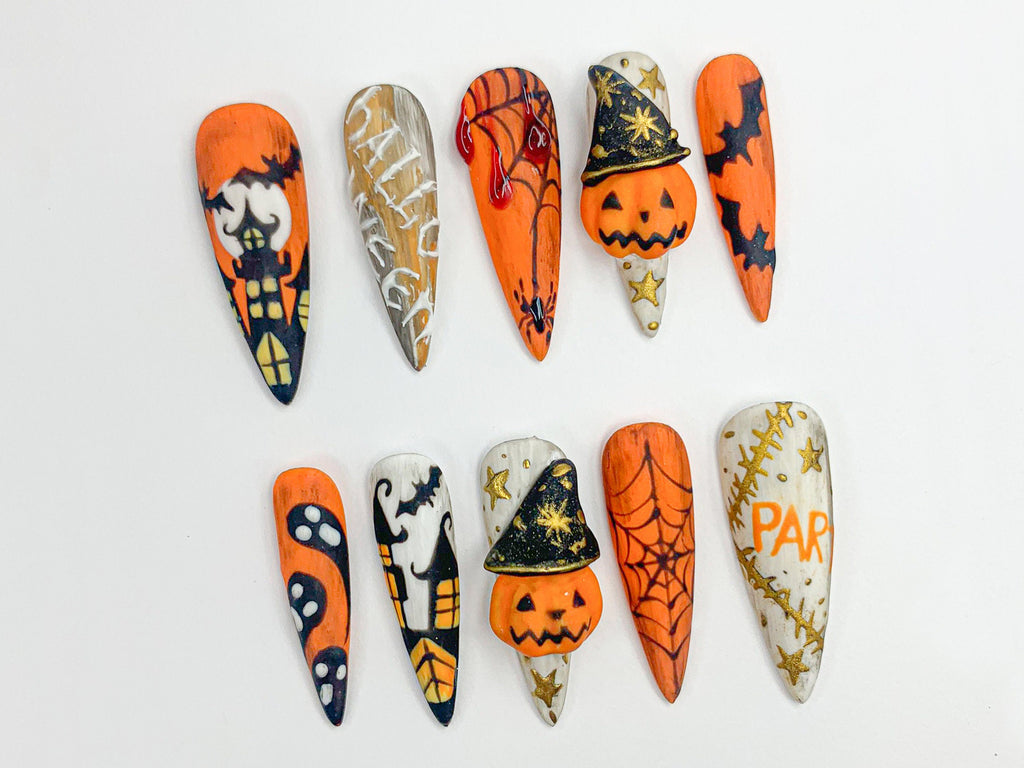 Spooky Halloween Press On Nails | 3D Blood Drip and Pumpkin Press On Set | Creepy Cute Halloween Nails | Scary Holiday Almond Nails | OB479S