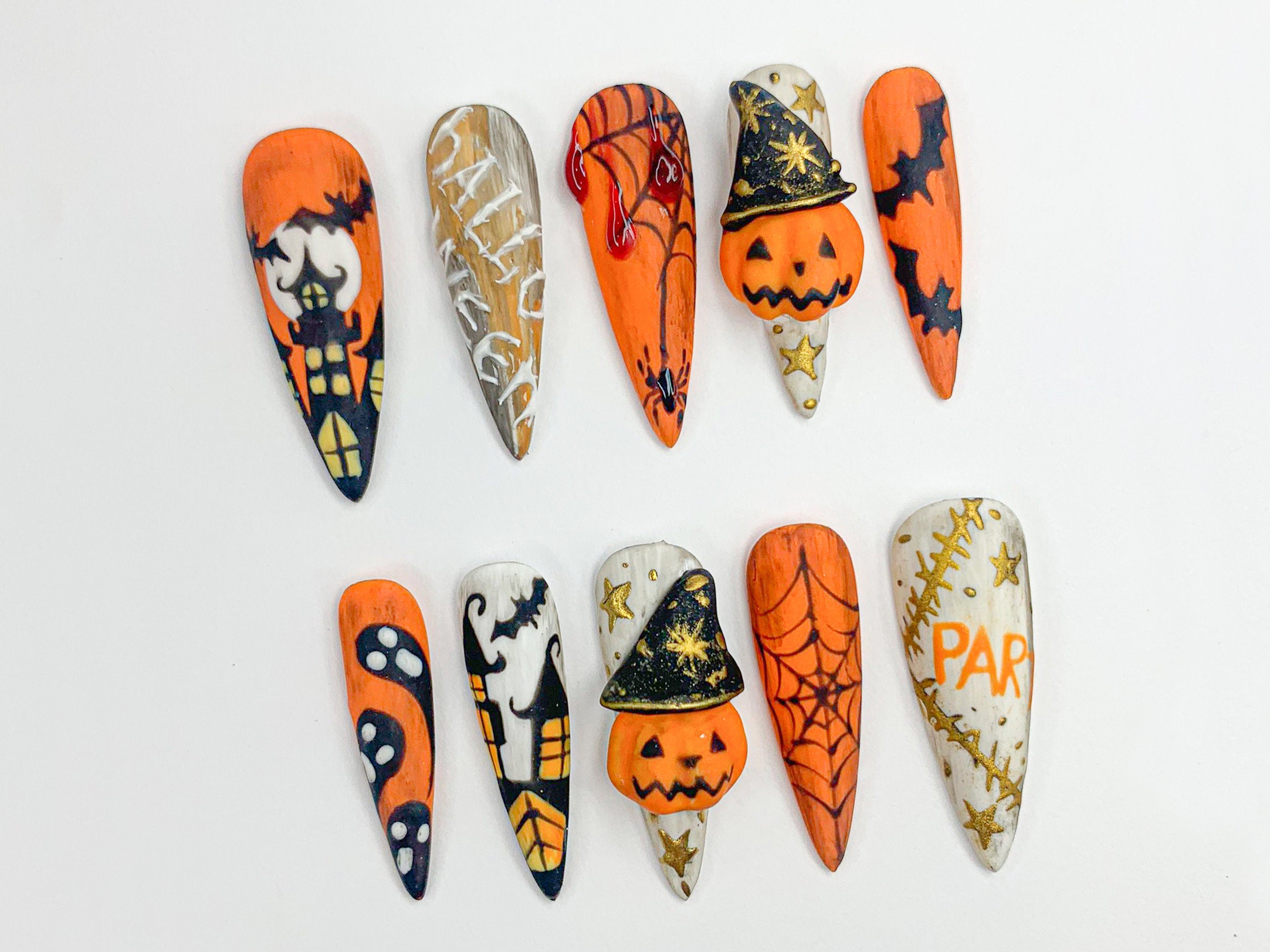 Spooky Halloween Press On Nails | 3D Blood Drip and Pumpkin Press On Set | Creepy Cute Halloween Nails | Scary Holiday Almond Nails | OB479S