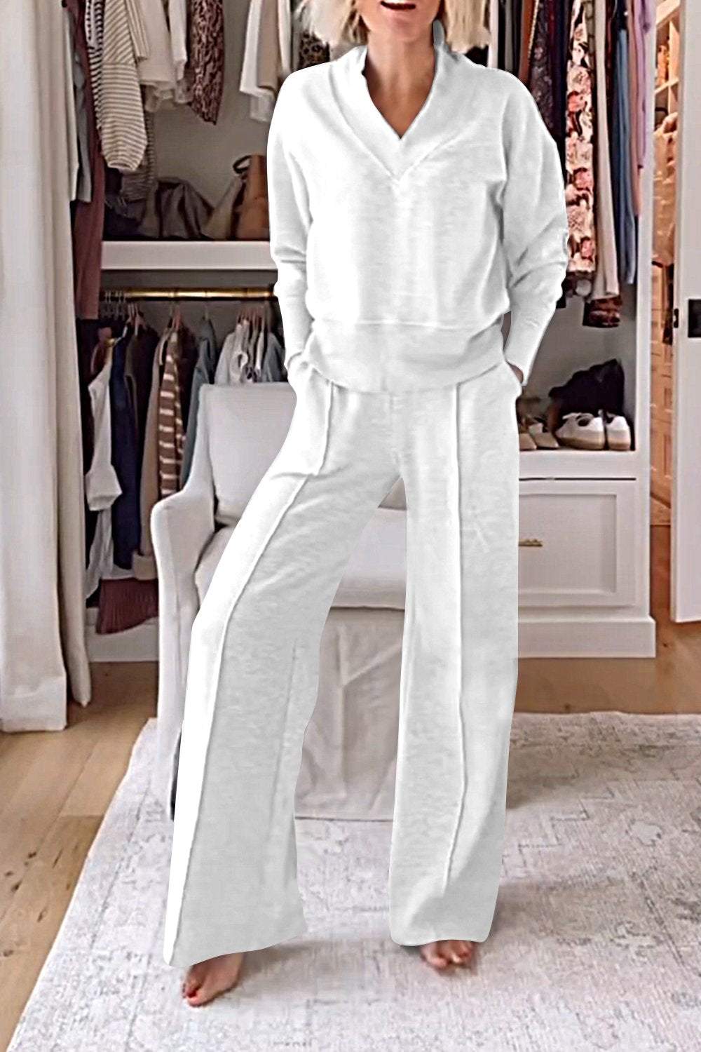 Solid Color V-neck Top & Pants Two-piece Set