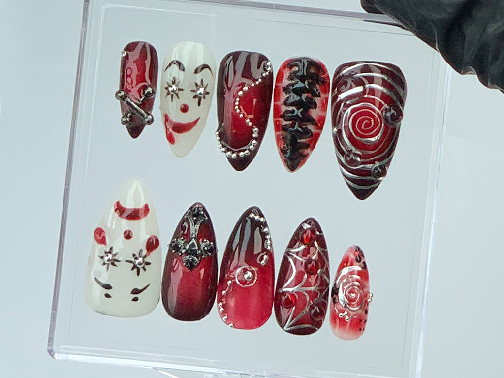Red Gothic Clown Press-On Nails | Horror Clown Acrylic Nails | Spooky Y2K Halloween Nail Art | 3D Gothic Fake Nails | Unique Design | OB587Y