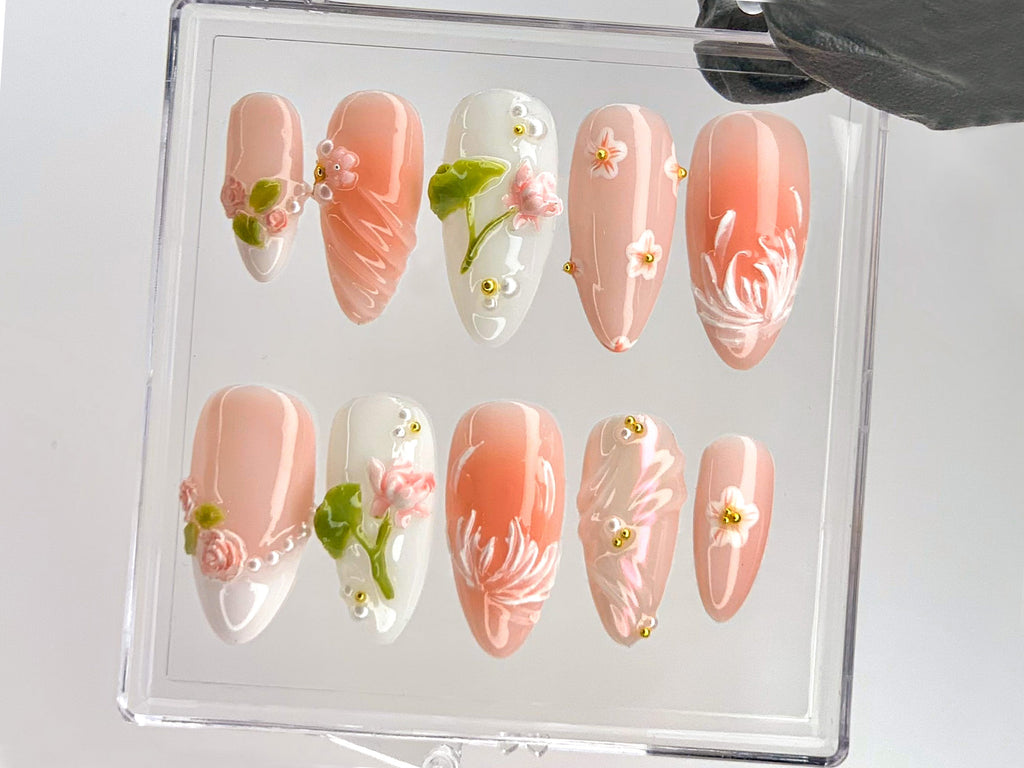 Sophisticated Lotus Flower Press On Nails |  3D Pink and White Lotus Acrylic Nails | Handcrafted Lotus Blossom Nail Art | Soft Nail |OC545YL