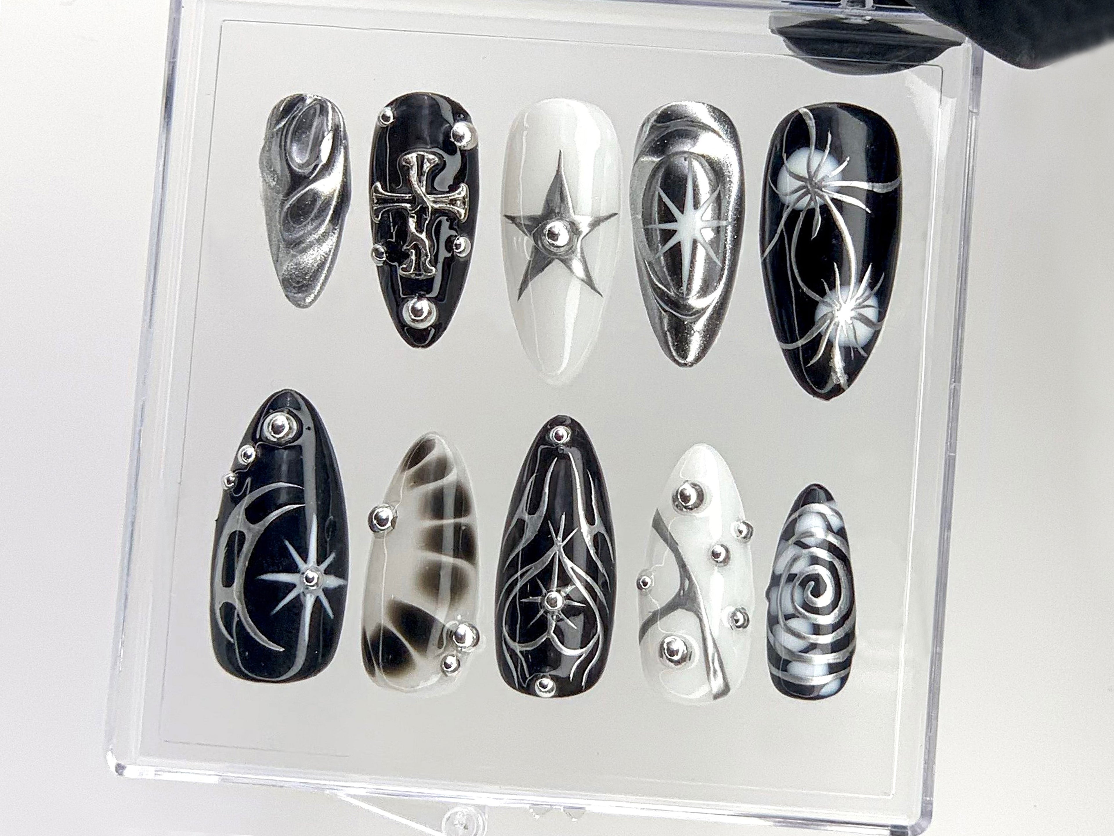 Elegant Gothic Press On Nails | 3D Designs with Cross. Star. Spiral Acrylic Nails | Monochrome Nail Art | Y2k Nails | Custom Nails | OC552YL