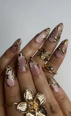 Elegant Nude Pink Press On Nails | Gold 3D Luxury Nail Set | Classy Wedding Fake Nails OC609HC