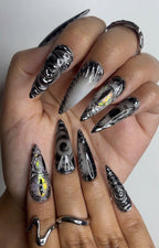 Long Black Stiletto Press On Nails | 3D Chrome Gothic Nail Set | Holographic Abstract Fake Nails OB463L