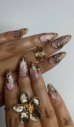 Elegant Nude Pink Press On Nails | Gold 3D Luxury Nail Set | Classy Wedding Fake Nails OC609HC