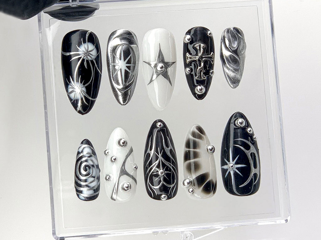 Elegant Gothic Press On Nails | 3D Designs with Cross. Star. Spiral Acrylic Nails | Monochrome Nail Art | Y2k Nails | Custom Nails | OC552YL