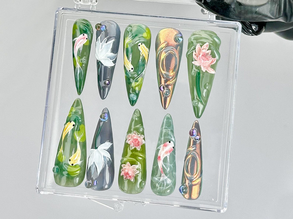 Koi Fish Nail Art by DoryNails | Japanese Pond Acrylic Nails | Water Garden Nail Art | Zen Inspired Fake Nails | Nature Aesthetic | OB808YK