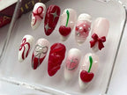 Whimsical Red Cherry Press On Nails | Elegant Bows & Cherries Nail Art | Playful Cherry Fake Nail | Stylish Bow Press Ons | OB489Y
