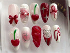 Whimsical Red Cherry Press On Nails | Elegant Bows & Cherries Nail Art | Playful Cherry Fake Nail | Stylish Bow Press Ons | OB489Y