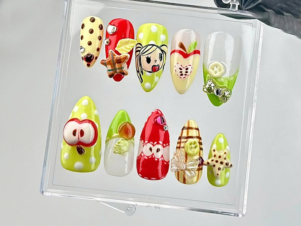 Juicy Fruit Delight Press On Nails | Fruity Fun Acrylic Nails | Watermelon. Strawberry & Apple Designs Press On | Summer Nail Art | OB644YC