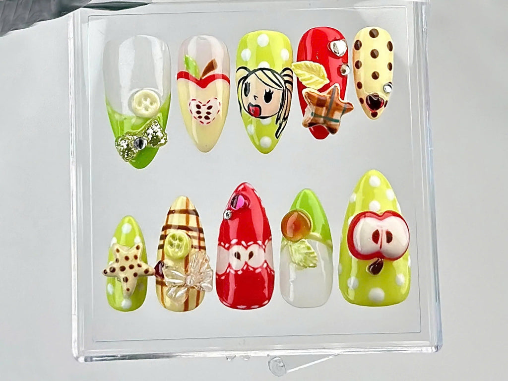 Juicy Fruit Delight Press On Nails | Fruity Fun Acrylic Nails | Watermelon. Strawberry & Apple Designs Press On | Summer Nail Art | OB644YC