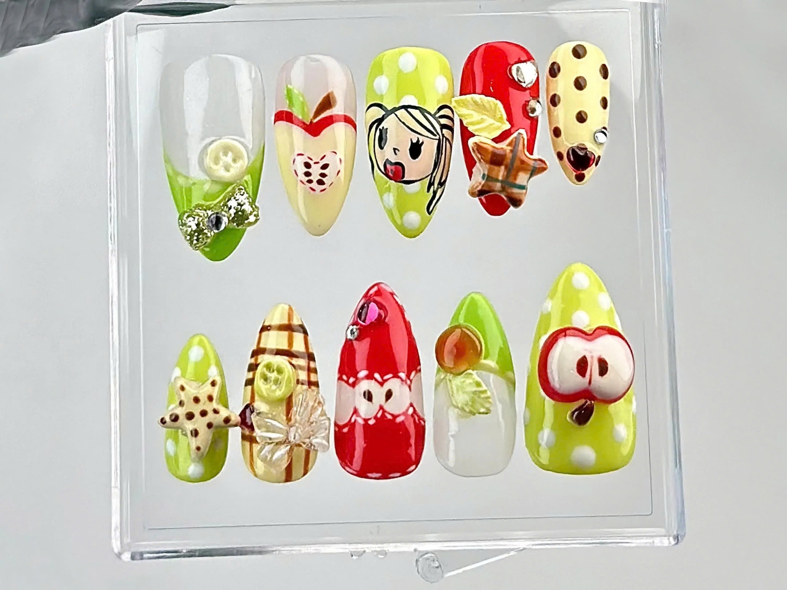 Juicy Fruit Delight Press On Nails | Fruity Fun Acrylic Nails | Watermelon. Strawberry & Apple Designs Press On | Summer Nail Art | OB644YC