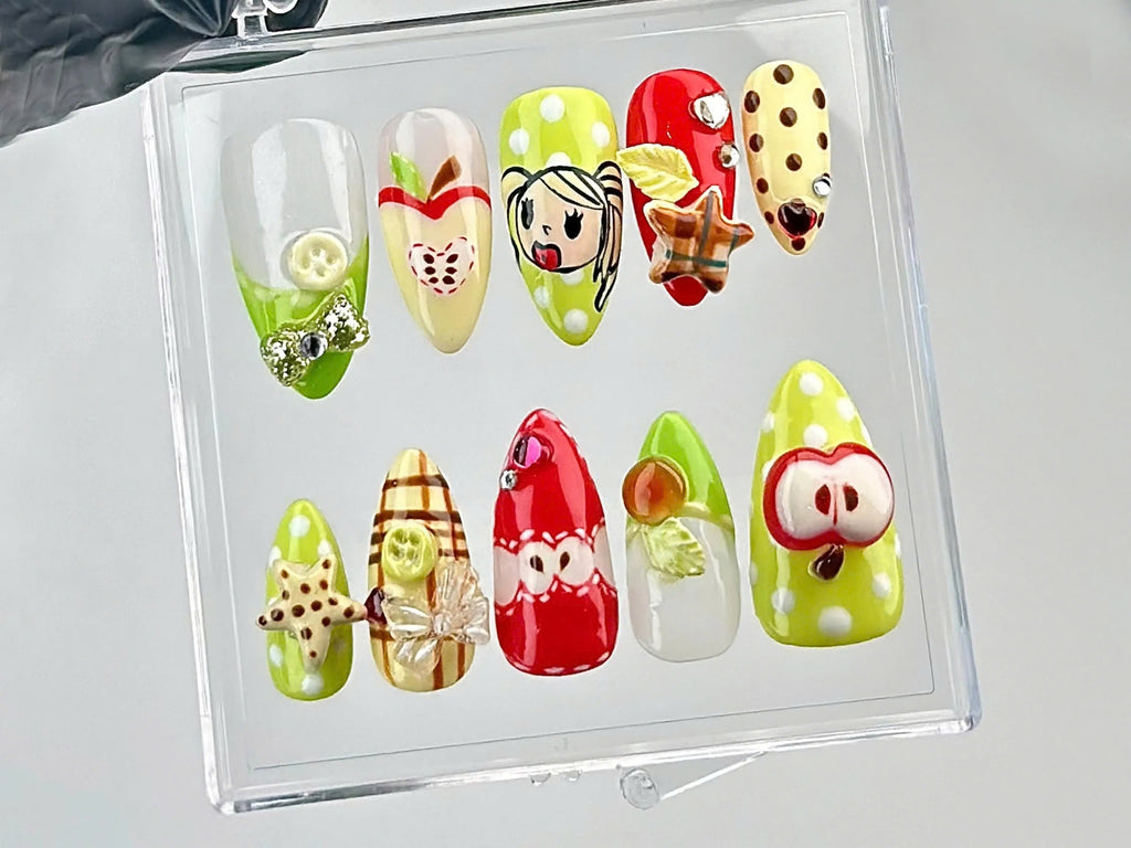 Juicy Fruit Delight Press On Nails | Fruity Fun Acrylic Nails | Watermelon. Strawberry & Apple Designs Press On | Summer Nail Art | OB644YC