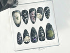 Mystical Midnight Garden Press On Nails | Crystals & Gemstones Fake nails| Dark Floral Fantasy Nail Art | Black Elegance Nails | OB638YC