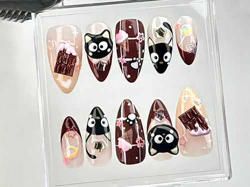 Cute Chocolate & Kitty Press On Nails | Adorable 3D Chocolate Cat Fake Nails | Sweet and Stylish Looks Nail Art | Cute Nails | OC673Y