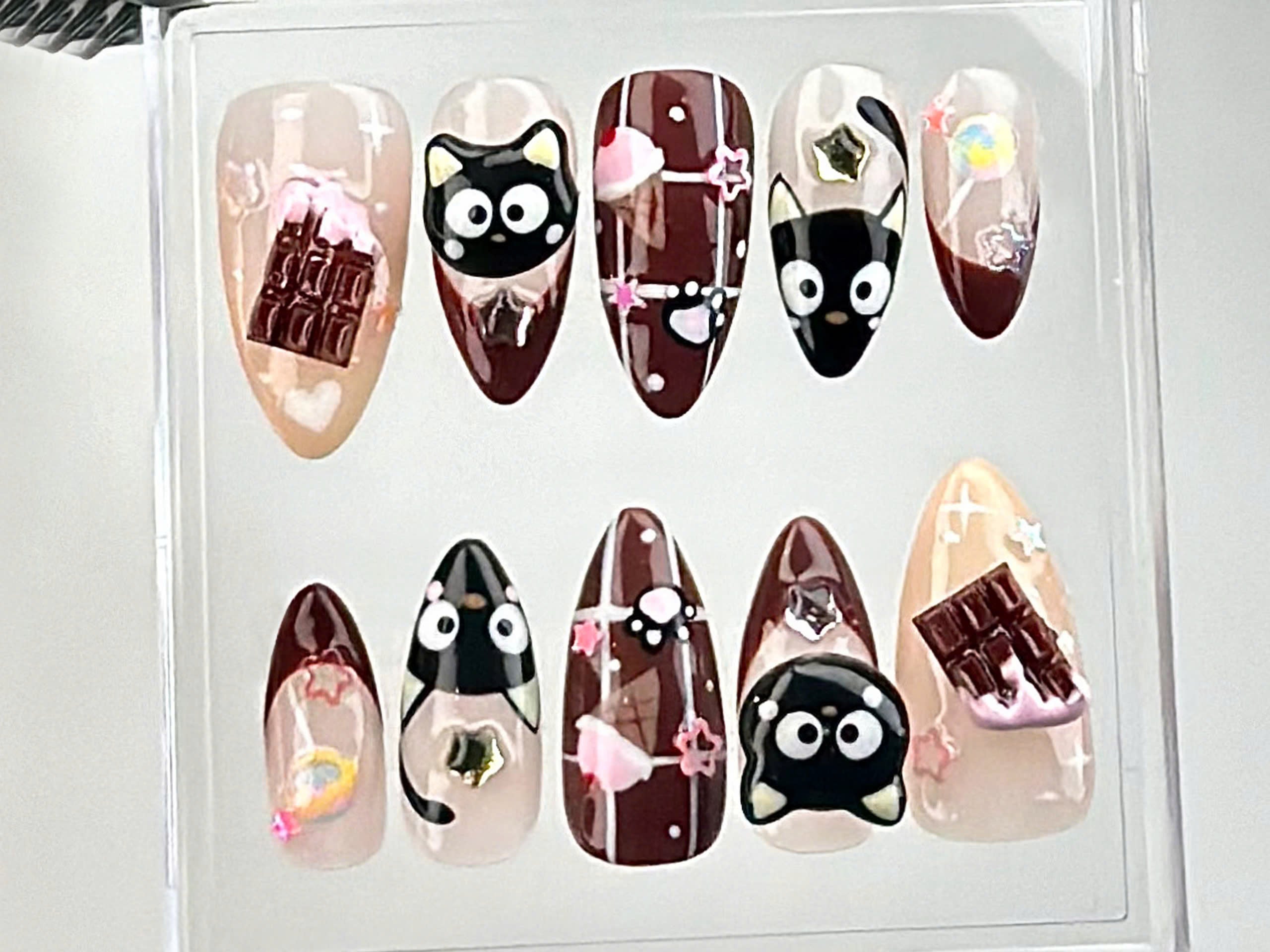 Cute Chocolate & Kitty Press On Nails | Adorable 3D Chocolate Cat Fake Nails | Sweet and Stylish Looks Nail Art | Cute Nails | OC673Y